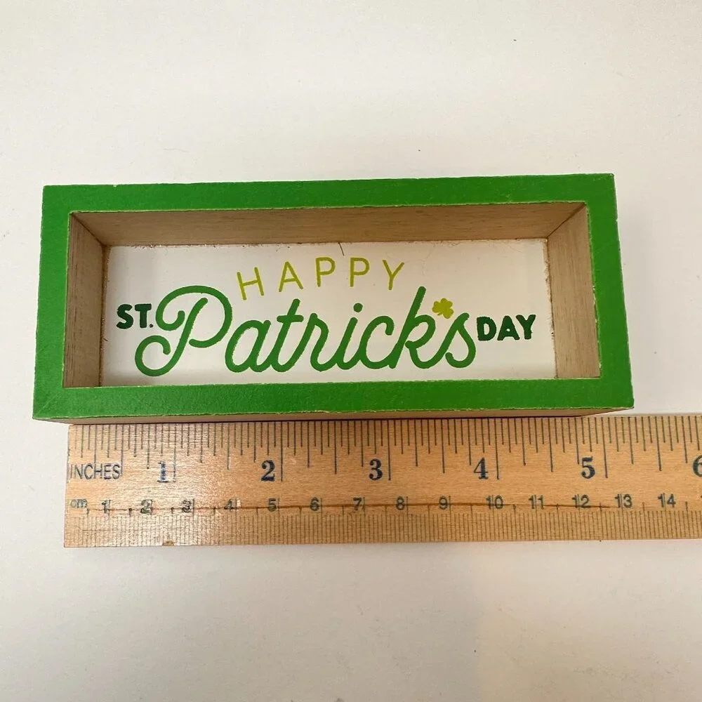 St. Patricks Tabletop Mini Sign Wooden Block Green Shelf Shamrock Decoration 5x2